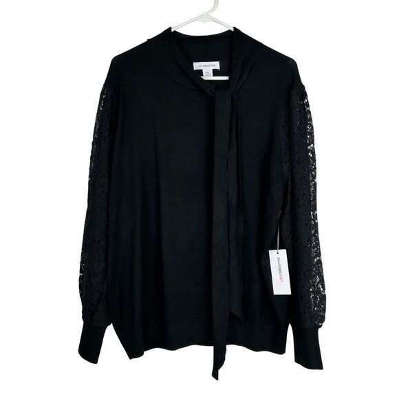 Liz Claiborne Womens Black Knit Sweater With Lace Sleeves & Tie Neck XXL-NWT - Picture 1 of 11